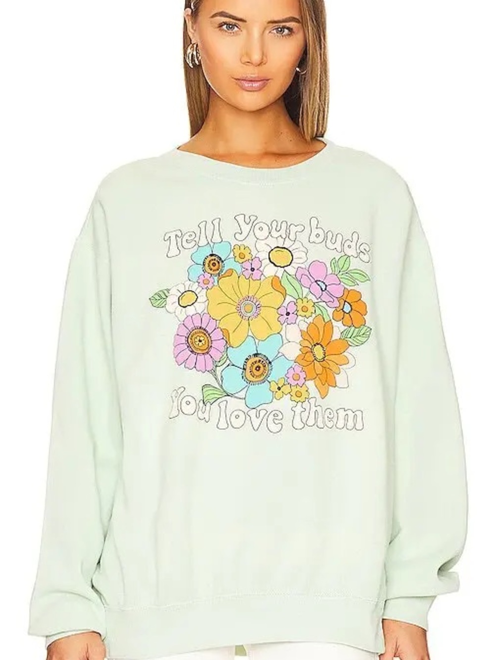 SHOW ME YOUR MUMU/ Tell Your Buds Graphic Crewneck Sweatshirt Mint/ callout/ S